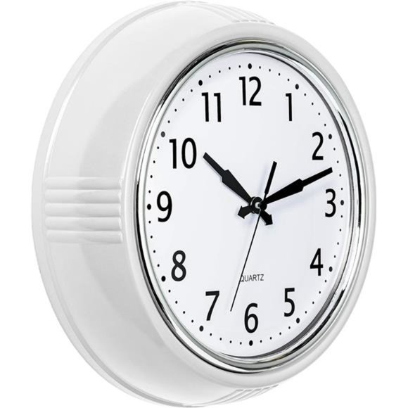 Retro Wall Clock 9.5 Inch White Kitchen 50's Vintage Round Silent Non-Ticking - Picture 1 of 6